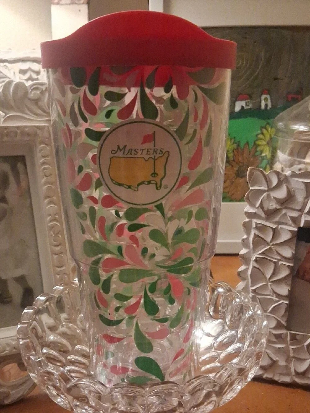 Masters tervis Tumbler with Red Lid and Pink & Green Swirl Design